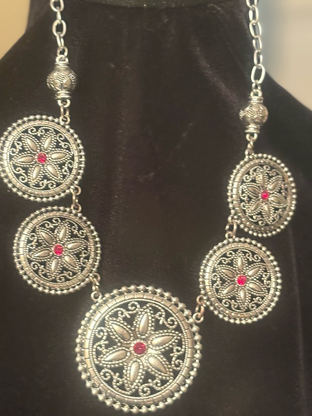 Silver-Tone Medallion Necklace with Pink Accent Stones